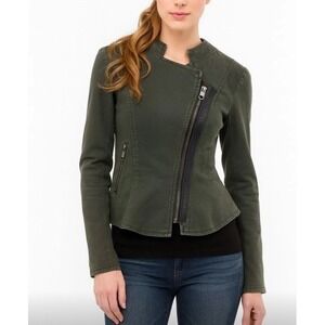 Free People Asymmetrical Denim Army Green Moto Military Jacket Womens 0‎ Zip Up